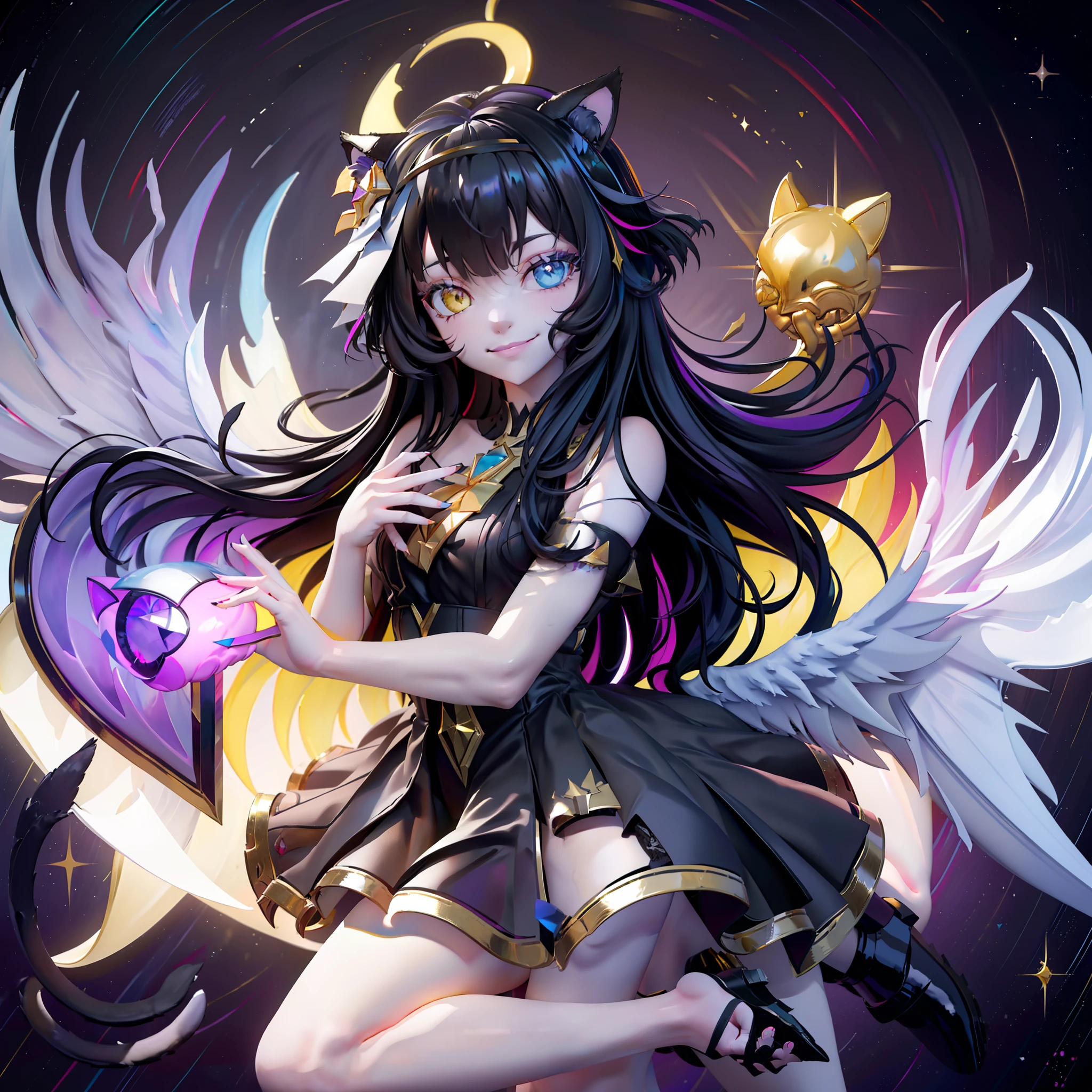 beautiful girl, with long black hair, has Heterochromima (blue/yellow) eyes, with a weak smile, a very happy appearance, a black dress, looking at the sky, with black and gold angel wings and a cat ear tiara , sharp colors (in the background written "Prisma")