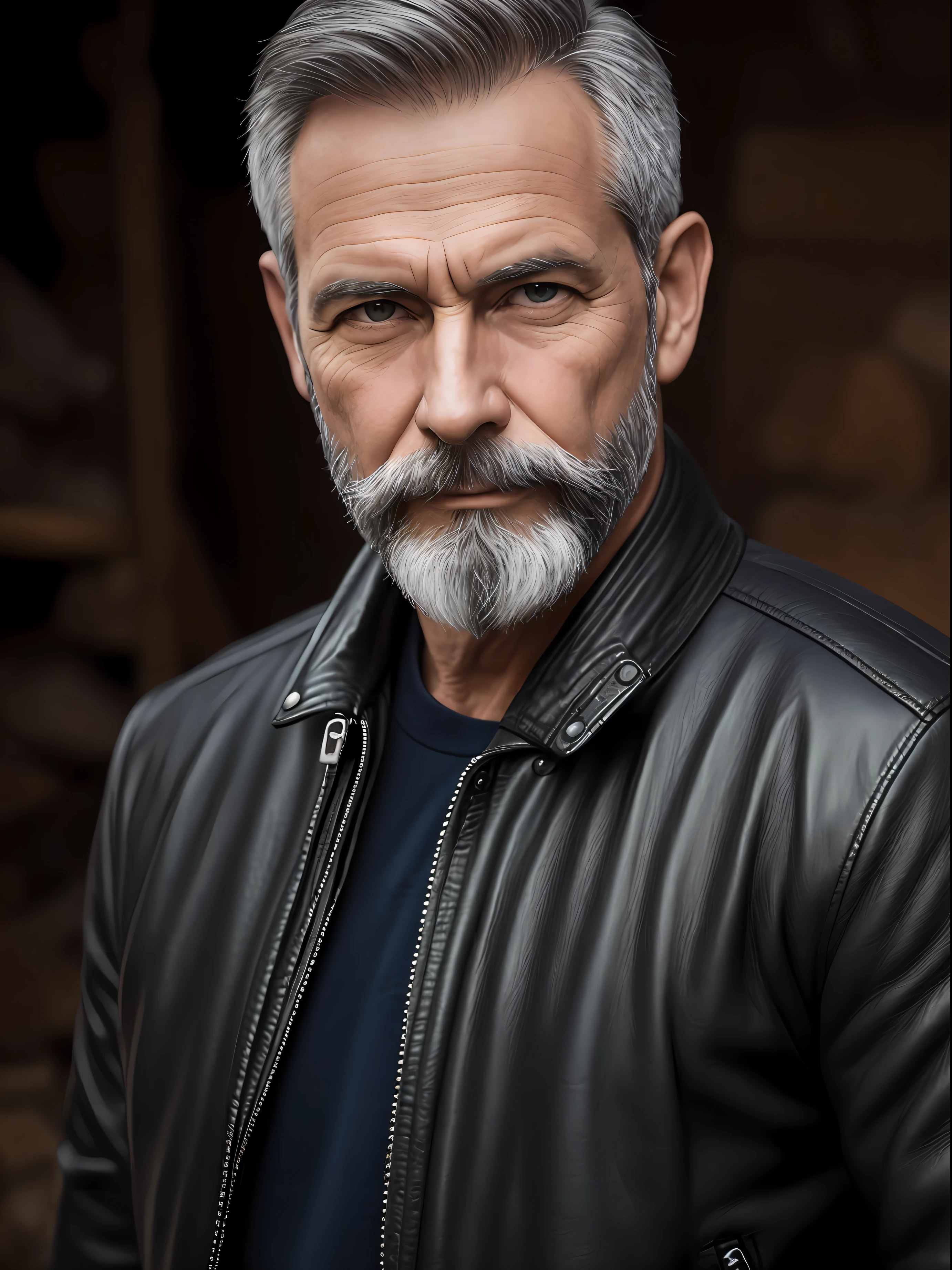 Portrait of a middle-aged man, detailed skin face, expression wrinkles, woodcutter-style pear beard, black leather jacket, green eyes, white T-shirt without print, stiff countenance. Ultra detailed scene, dslr camera with 50mm Lens, soft studio lighting