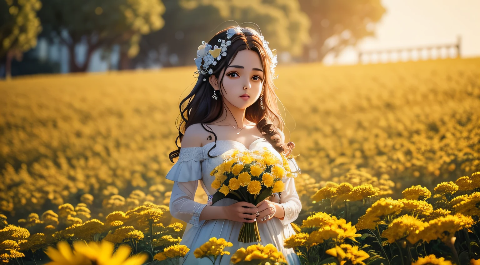 quero um anime de uma gueixa com fundo de flores amarelas
