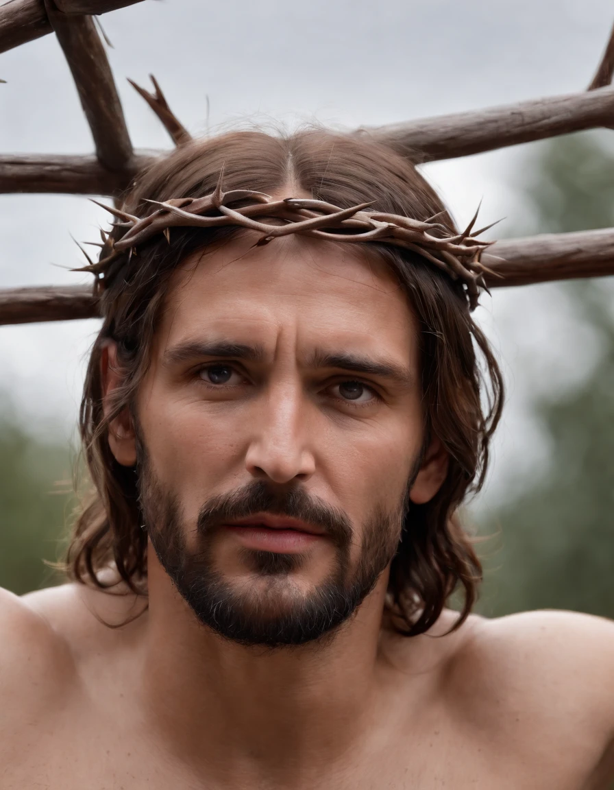 A hauntingly beautiful depiction of a bloodied and suffering Jesus, hanging on the cross with a crown of thorns upon his head.