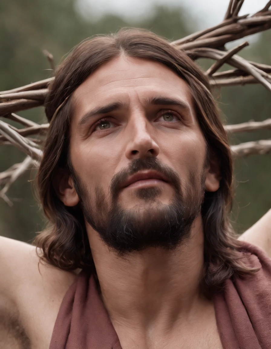 A photorealistic photo capturing Jesus on the cross, with a bird's-eye view looking straight down at Him. ((Crown of thorns on head)). The focus of the image is on Jesus' face as He gazes up at the heavens, gasping for air in the midst of His crucifixion. The scene is set outdoors, with a clear sky in the background. The lighting should be dramatic, emphasizing the emotional intensity of the moment, with rays of sunlight breaking through the clouds to create a sense of divine presence.