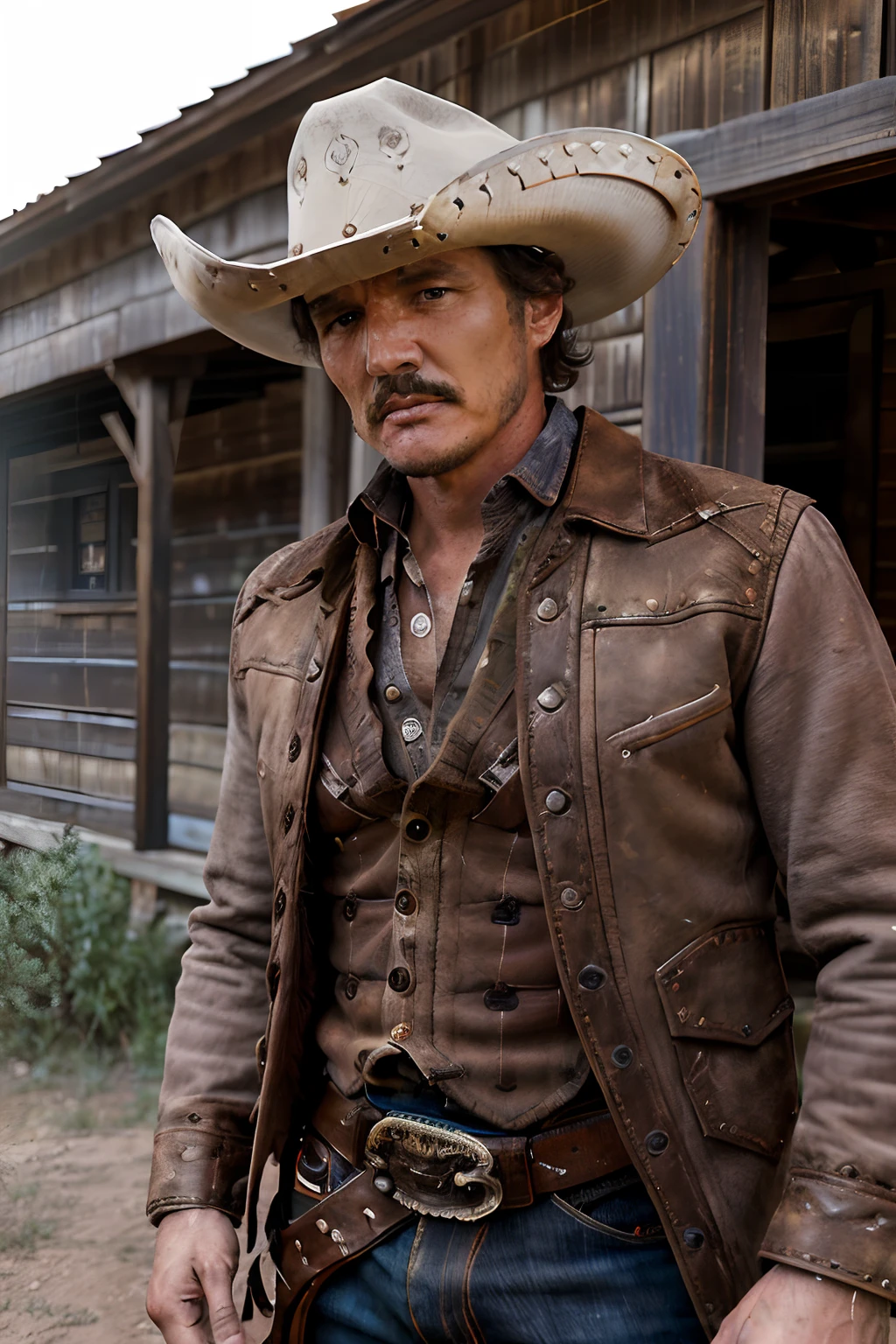 portrait action shot of beautiful man pedro pascal wear western style cowboy interior, 24mm,4k textures, soft cinematic light, highly detailed, sharp focus, hyperdetailed, low contrast, dim colors, exposure blend,(dusty:1.3),volumetric lighting, full body character art, brown eyes (fix  left side eye)