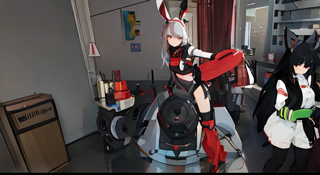 One girl, bondage, tied to torture machine, tickling, laughing, hate it, screaming, naked, full body, hands on anothers hips, rabbit girl, rabbit ears
