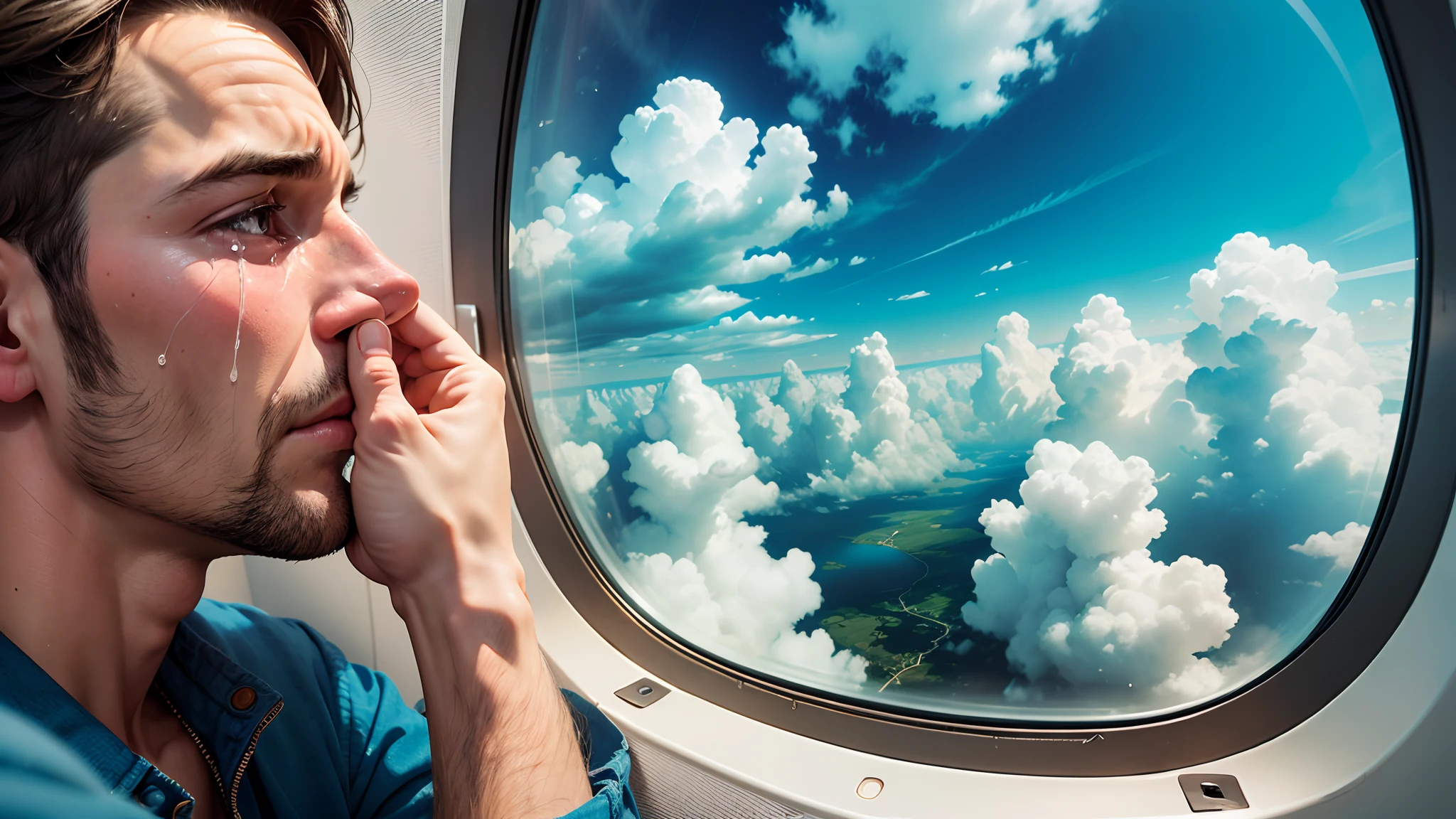 Man cries sitting inside the plane while looking at the clouds through the window. --auto --s2