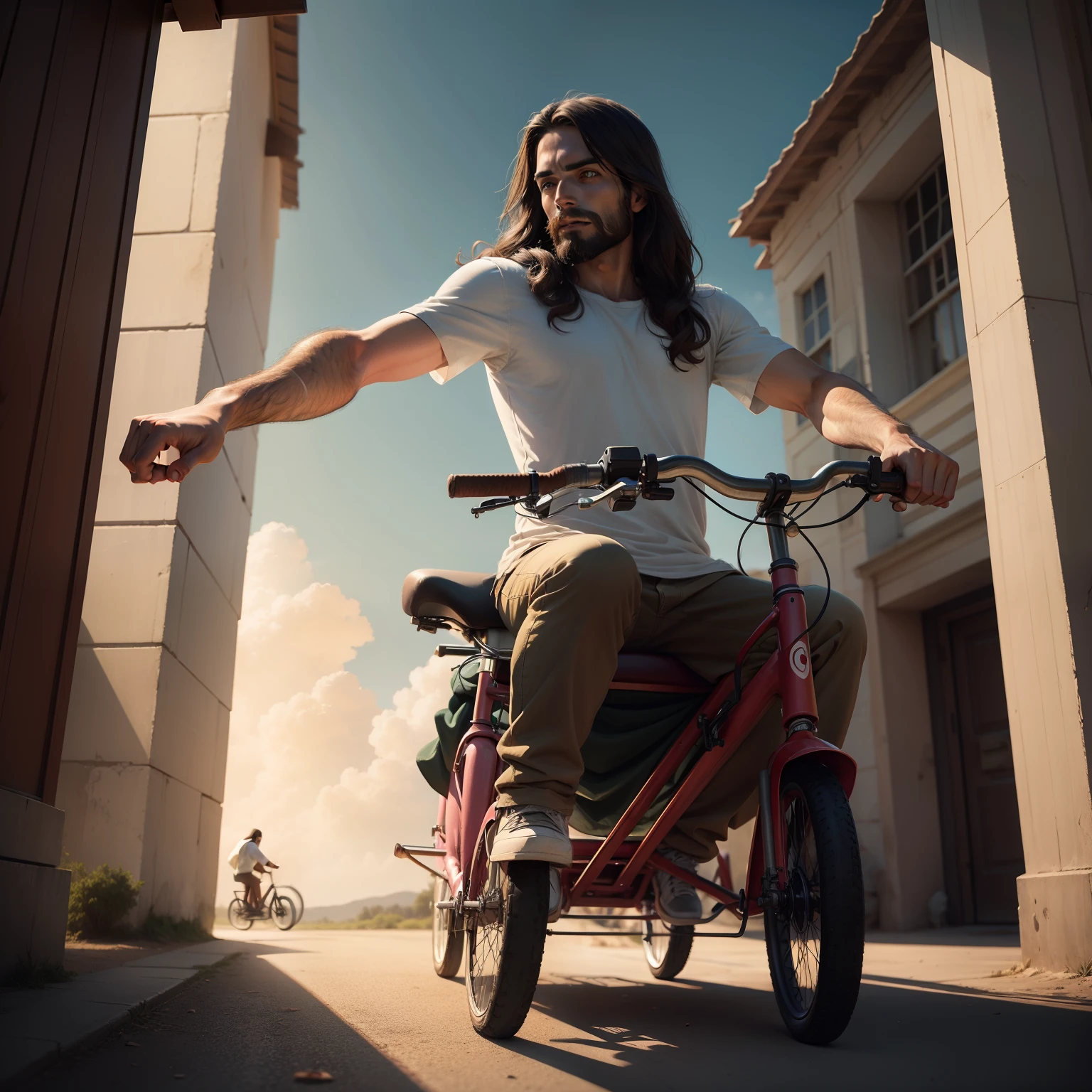 Jesus riding a tricycle