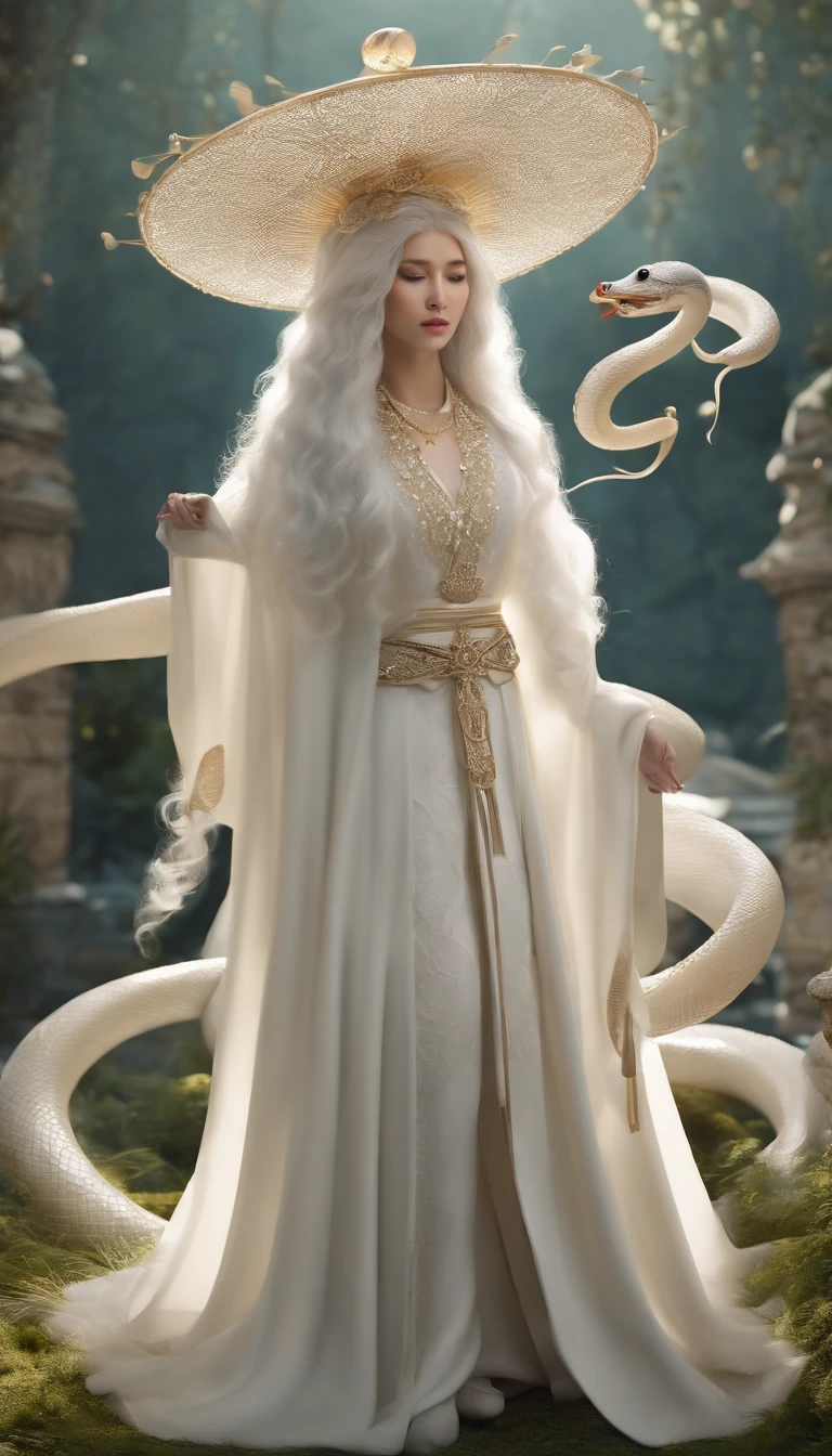 Pixar style super cute anthropomorphic white snake, usando hanfu e coroa de cristal, Standing, Olhos grandes encantadores, cauda encantadora, Standing, surreal, super fino, luxuoso, elegant, standing, Olhos grandes encantadores, cauda encantadora, Standing, surreal, super detalhado, luxuoso, elegante, Complexo, gorgeous, illusory engine, octane rendering, 8k, Surrealismo VRAY
