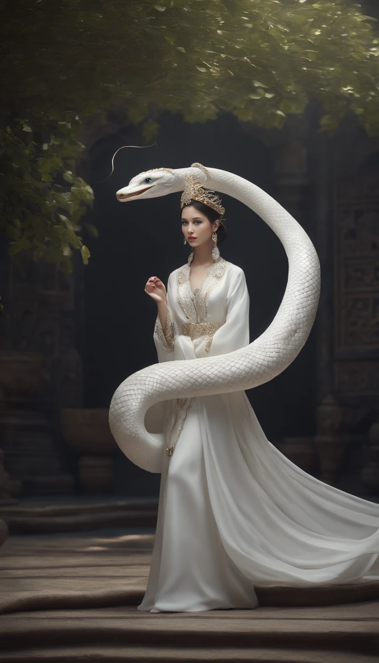 Pixar style super cute anthropomorphic white snake, usando hanfu e coroa de cristal, Standing, Olhos grandes encantadores, cauda encantadora, Standing, surreal, super fino, luxuoso, elegant, standing, Olhos grandes encantadores, cauda encantadora, Standing, surreal, super detalhado, luxuoso, elegante, Complexo, gorgeous, illusory engine, octane rendering, 8k, Surrealismo VRAY