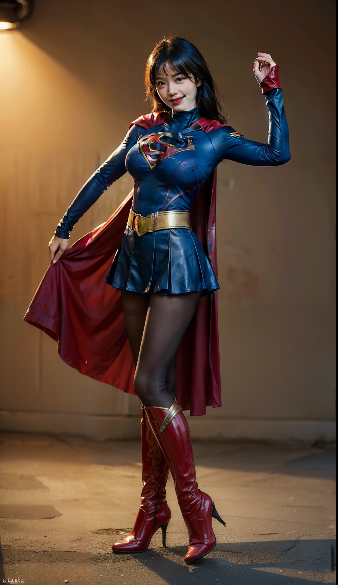 (((Make the most of the original image)))、(((Supergirl Costume)))、(((lustrous dark hair)))、(((Suffering)))、(((Feet must necessarily be worn with black tights)))、(((Smile)))、(((You need to wear red boots)))、((Top image quality、8K))、((top-quality、8K、masterpiece:1.3))、Crisp focus:1.2、Beautiful woman with perfect body shape:1.4、Slender Abs:1.2、((layers-Cut、large boob:1.2))、a wet body:1.5、Highly detailed facial and skin texture、