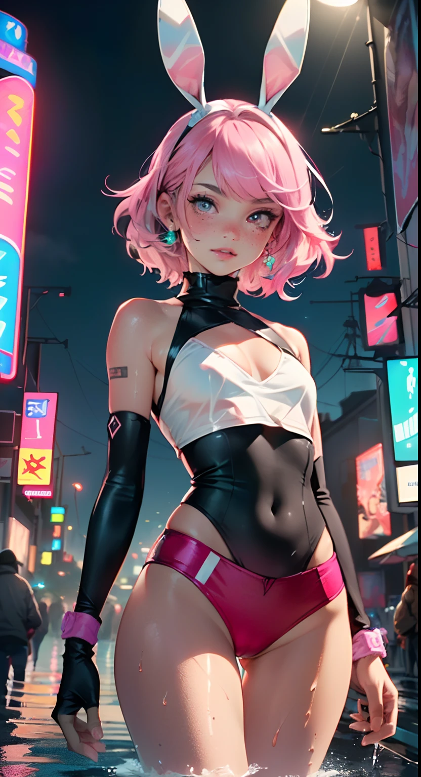 cute little bunny loli,(((little loli,small tiny body,petite))),(((6 years old))),((little bunny loli with extremely cute and beautiful fuchsia hair)),(((bunny girl,anthro furry cute,bunny-girl))),(((bunny ears,bunny ears on head,big bunny ears))),
(((flat chest))),(((fuchsia hair:1.35,short fuchsia hair,colored inner hair,ear breathing,))),(((heterochromia:1.5,eye1 fuchsia,eye2 pink))),intricate eyes,beautiful detailed eyes,symmetrical eyes,big eyes:1.5(((freckles on the face,freckles,freckled girl))),(((lustrous skin:1.5,bright skin: 1.5,skin tanned,shiny skin,very shiny skin,shiny body,plastic glitter skin,exaggerated shiny skin,illuminated skin,wet legs))),(delicate detailed fingers,detailed body,human hands,(detailed face)),
cute,slutty,,erotic,(((nsfw))),
zettai ryouiki,revealing clothing,show skin,((rave shirt,neon colored shirt,rave mini-skirt,visible thong straps)),(wearing a rave outfit:1.3,rave clothes,semi-naked,with little clothing),((wet clothes,intricate outfit,intricate clothes)),
(dynamic pose:1.0),solo focus,embarrassed,(centered,scale to fit dimensions,Rule of thirds),
cyberpunk city by the ocean at night, with bright neon signs and dark stormy clouds and puddles, scenery:1.25,
highres, sharp focus, (ultra detailed, extremely detailed), (photorealistic artwork:1.37),(extremely detailed CG unity 8k wallpaper),((synthwave background theme)),(((vibrant colors))),(intricate background),(masterpiece),(best quality),