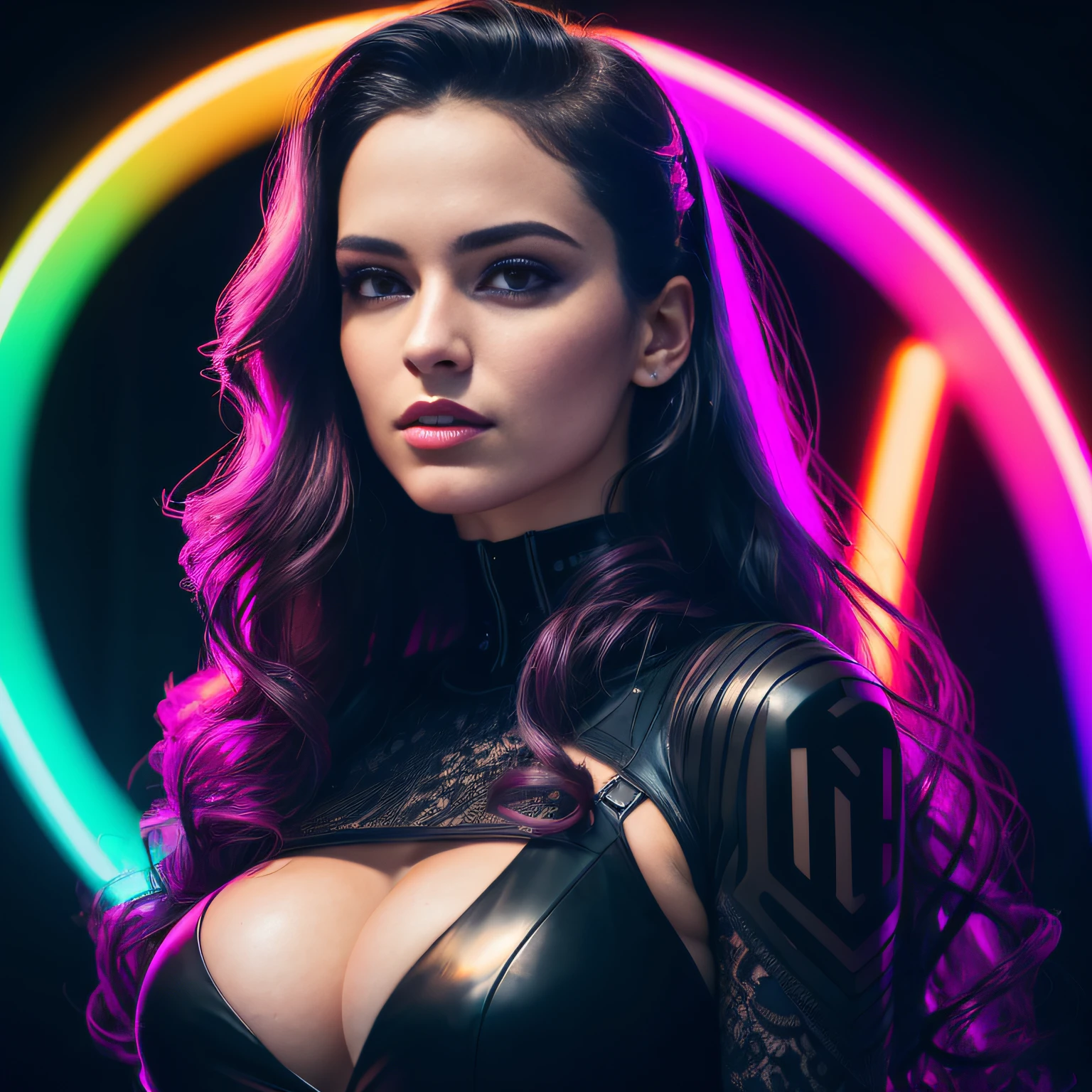 amoled ultra realistic photograph of a 25 years old european girl, RAW, beautiful woman, (extra long wavy black hair with neon lighting), ((portrait)), ((detailed face:1.2)), ((detailed facial features)), (finely detailed skin), pale skin, (high detailed deep cleavage cyberpunk steel dress), black background, (cold colors), damp, moist, reflections, (masterpiece) (perfect proportion)(realistic photo),(best quality), (detailed), (amoled neon lighting), (sharp focus) (intricate),(plain black background no background)