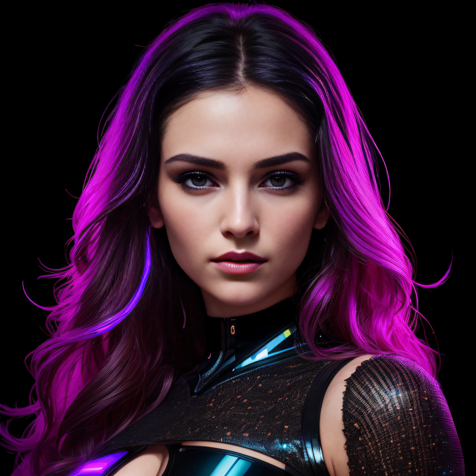 amoled ultra realistic photograph of a 25 years old european girl, RAW, beautiful woman, (extra long wavy black hair with neon lighting), ((portrait)), ((detailed face:1.2)), ((detailed facial features)), (finely detailed skin), pale skin, (high detailed deep cleavage cyberpunk steel dress), black background, (cold colors), damp, moist, reflections, (masterpiece) (perfect proportion)(realistic photo),(best quality), (detailed), (amoled neon lighting), (sharp focus) (intricate),(plain black background no background)