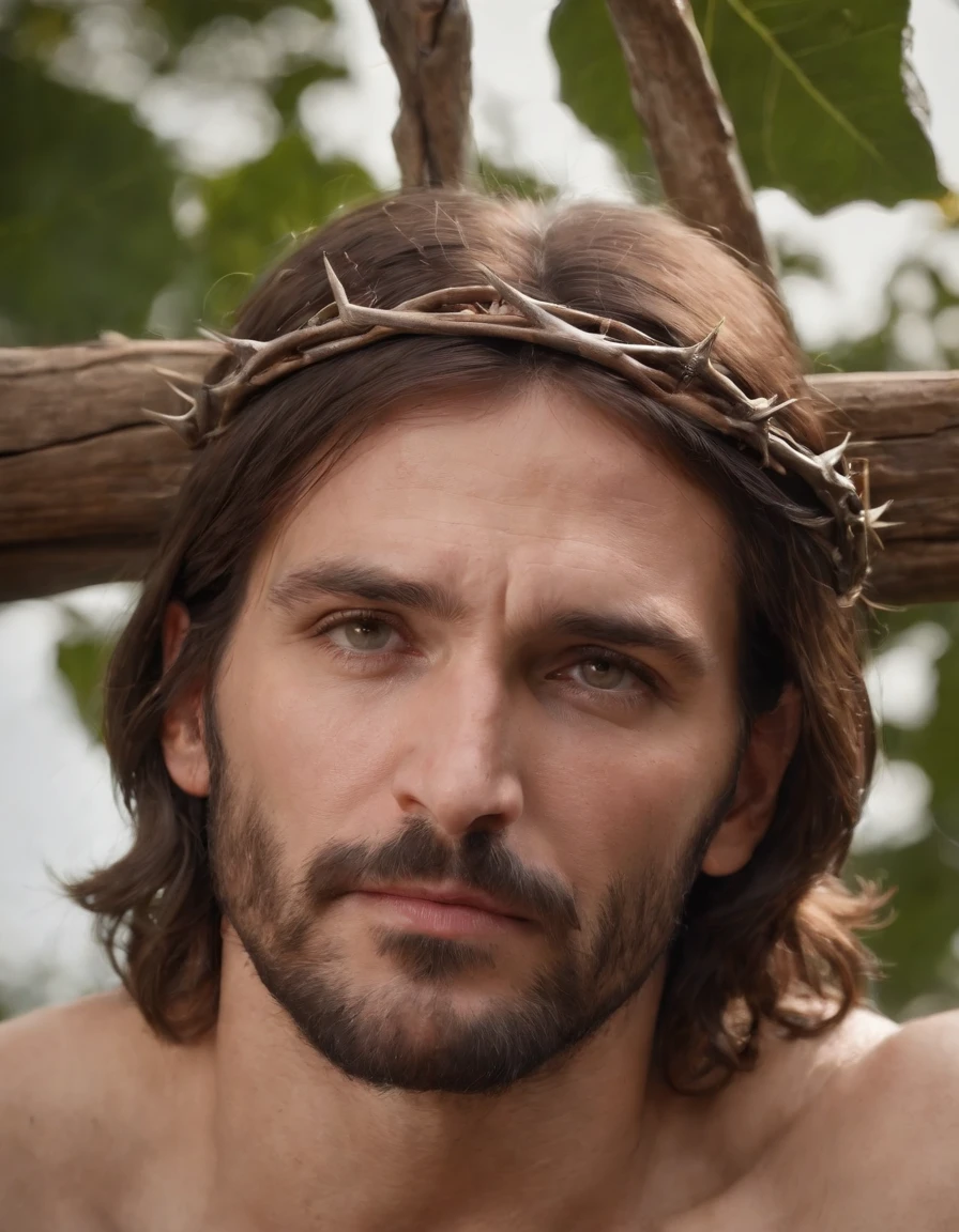 A photorealistic photo capturing Jesus on the cross, with a bird's-eye view looking straight down at Him. ((Crown of thorns on head)). The focus of the image is on Jesus' face as He gazes up at the heavens, gasping for air in the midst of His crucifixion. The scene is set outdoors, with a clear sky in the background. The lighting should be dramatic, emphasizing the emotional intensity of the moment, with rays of sunlight breaking through the clouds to create a sense of divine presence.