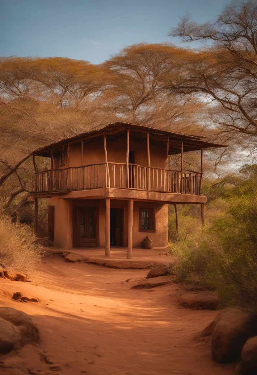 Paisagem, Simple earth house in a dry backcountry area with leafless trees with a sky background, caatinga, paisagem de caatinga, Serene scenery of the sertão of Ceará