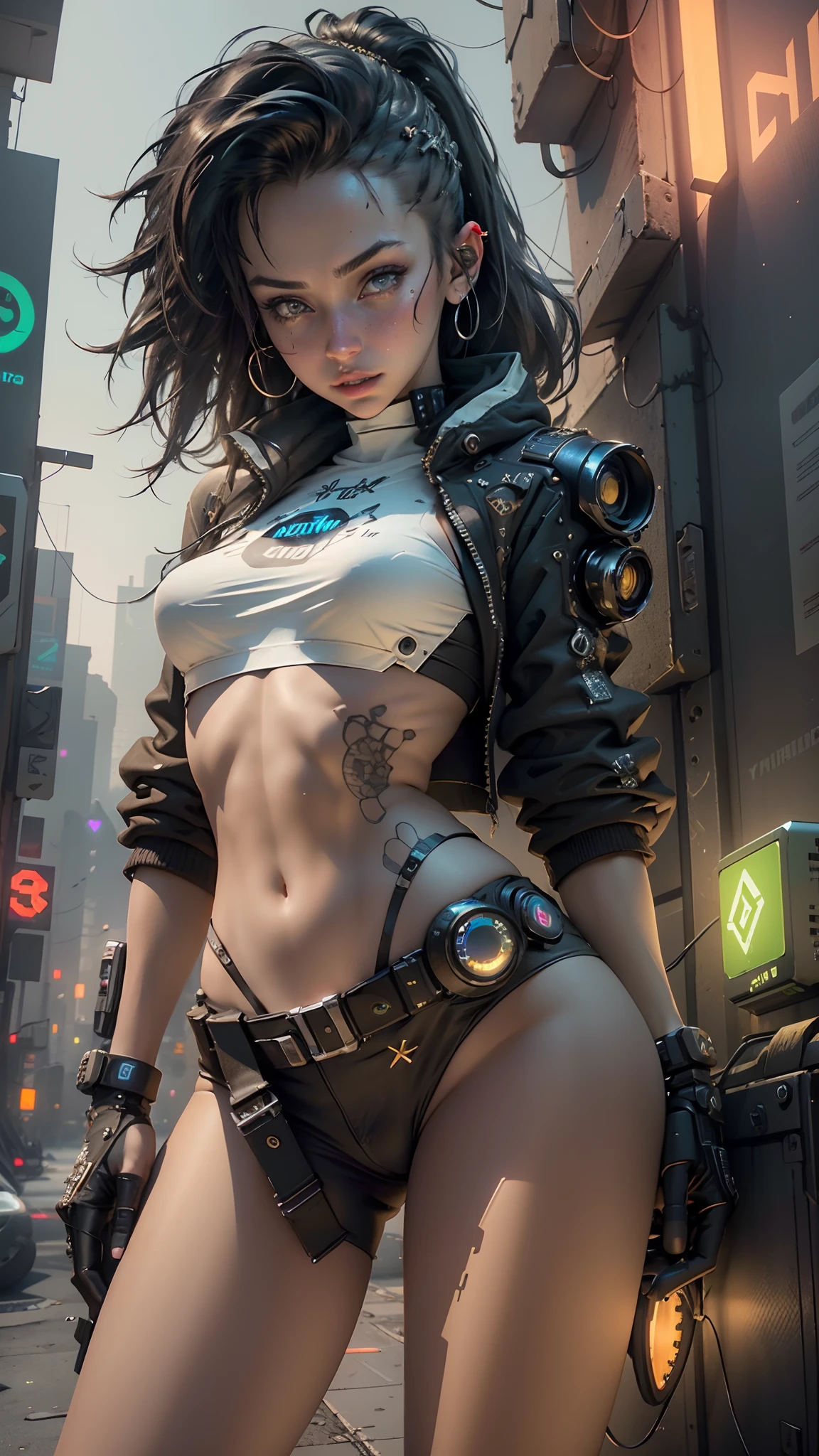((Best Quality)), ((Masterpiece)), (Very detailed:1.3), 3D, Beautiful (Cyberpunk:1.3) Female hacker, thick hair, revealing clothes, operating computer terminals, computer servers, LCD screens, fiber optic cables, corporate logos, HDR (High Dynamic Range), ray tracing, NVIDIA RTX, Super Resolution, Unreal 5, Subsurface scattering, PBR textures, Post processing, Anisotropic filtering, Depth of field, Maximum sharpness and sharpness, Multi-layer textures, Albedo and specular mapping, surface shading, accurate simulation of light-material interactions, perfect proportions, octane rendering, duotone lighting, low ISO, white balance, rule of thirds, wide aperture, 8K RAW, high efficiency sub-pixels, subpixel convolution, luminous particles,