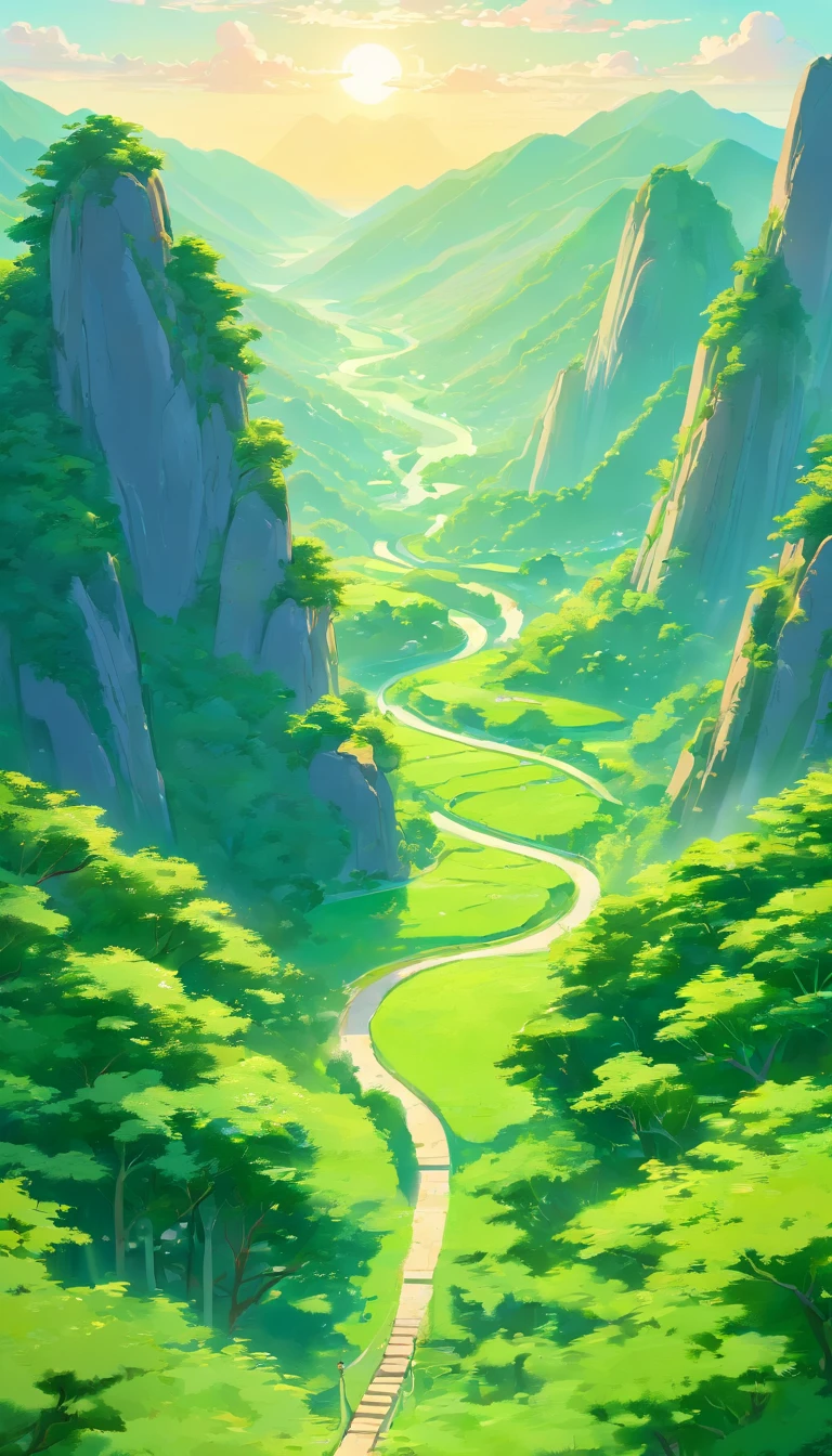 Chinese Landscape Paint Painting High Angle Perspective OC Sculpture Rendered, green trees and green hills, morning vibrations with sun, 4k