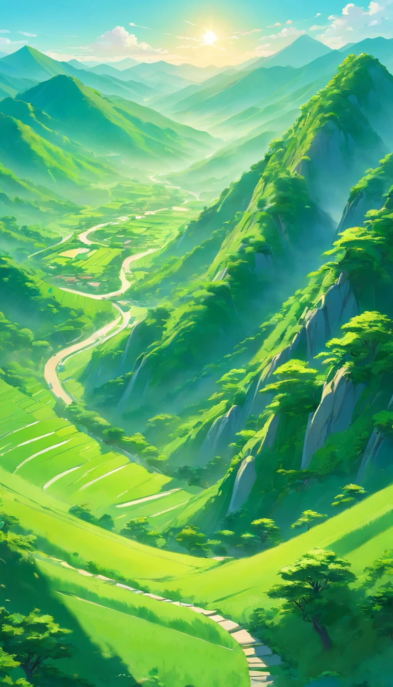 Chinese Landscape Paint Painting High Angle Perspective OC Sculpture Rendered, green trees and green hills, morning vibrations with sun, 4k
