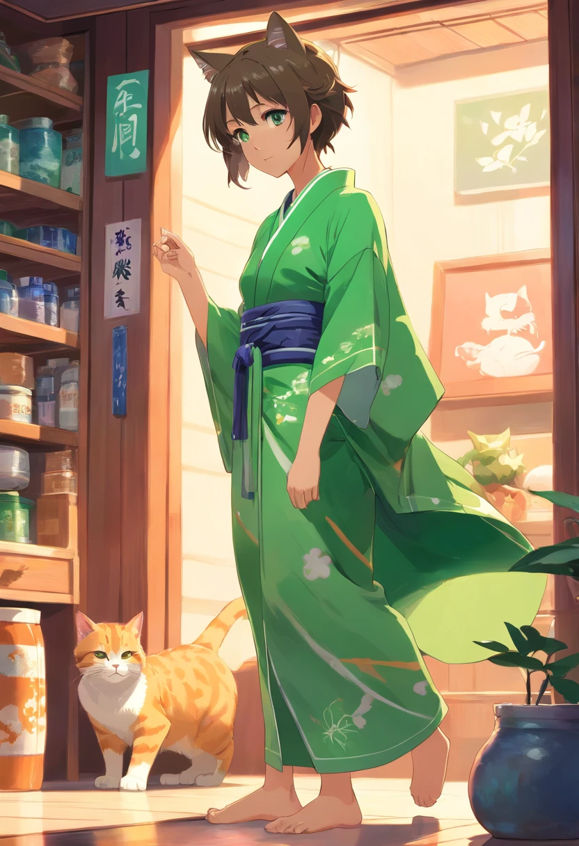 Cat lady green sports kimono jade feet