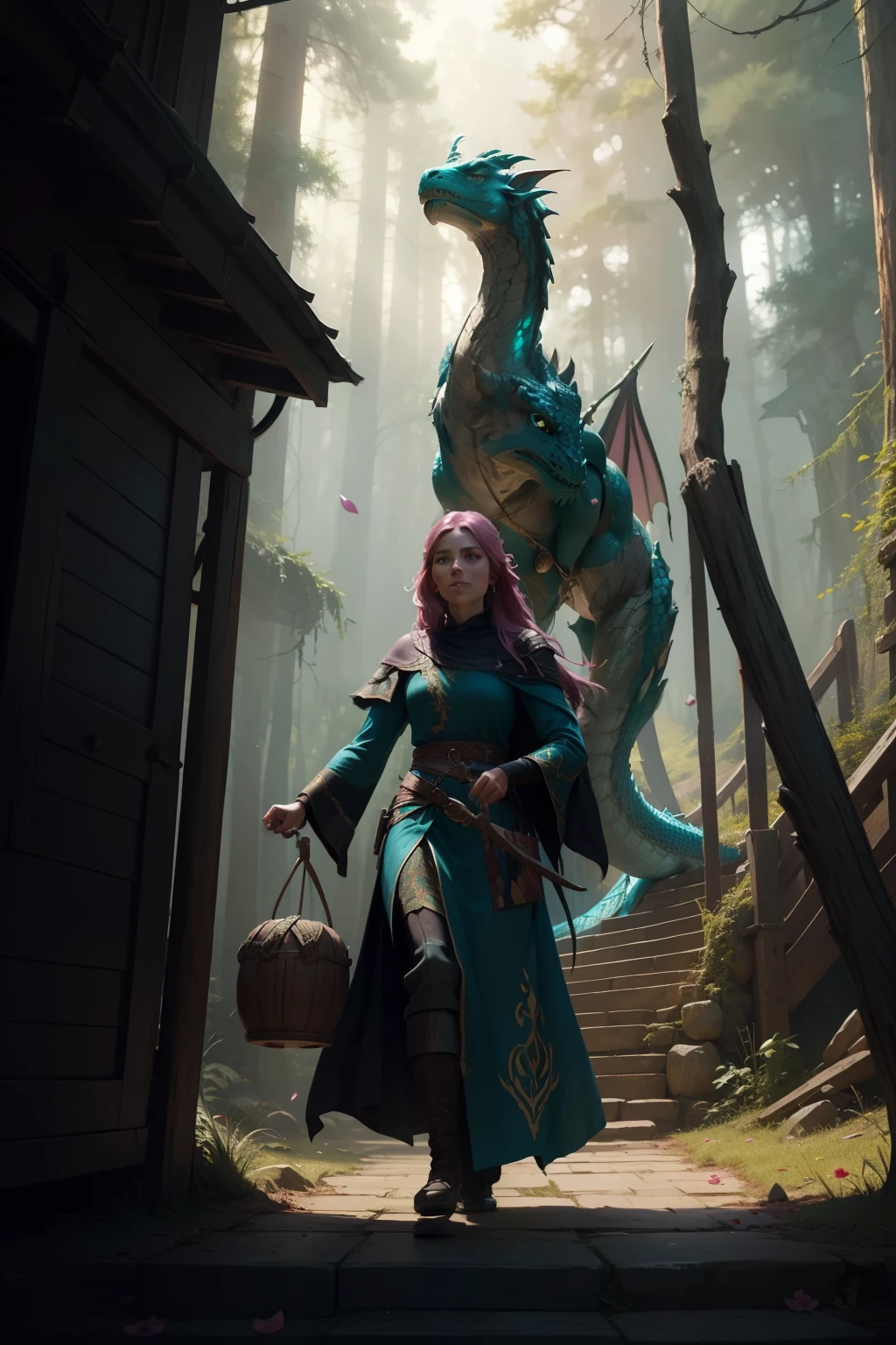 modelshoot style, (extremely detailed CG unity 8k wallpaper), full shot body photo of the most beautiful artwork in the world, english medieval pink (dragonborn druid) witch, black silk robe, nature magic, medieval era, painting by Ed Blinkey, Atey Ghailan, Studio Ghibli, by Jeremy Mann, Greg Manchess, Antonio Moro, trending on ArtStation, trending on CGSociety, Intricate, High Detail, Sharp focus, dramatic, painting art by midjourney and greg rutkowski, teal and gold, petals, countryside, action pose, casting a spell, green swirling magic
