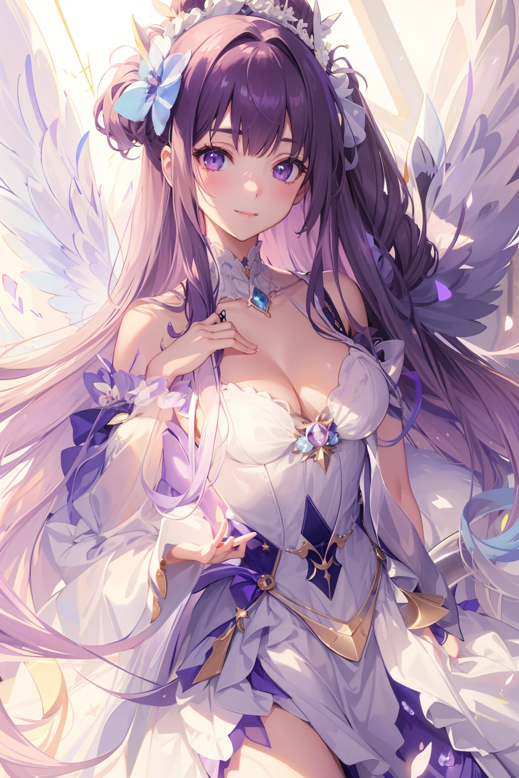 Meisterwerk, best qulaity, an extremely delicate and beautiful girl, ultradetailliert, sehr detailliertes Gesicht, best qulaity,high-res, extrem detailliert, 女の子1人, best qulaity, Illustration, dreamy view of the viewer , Teig, Leinwand, Realistisch, echt, Anime, a cute girl, Langes violettes Haar, crystallized purple big eyes, Carmen Kragen, langes, flowing purple long dress, purple angel wings, volle Lippen, freundliches, soft smile, sweet and innocent, gerader pony, Spind, Updo with loose strands, tanned, dreamy look, Mond, Sterne, Laternen, Attributable smile, best qulaity, romantisch