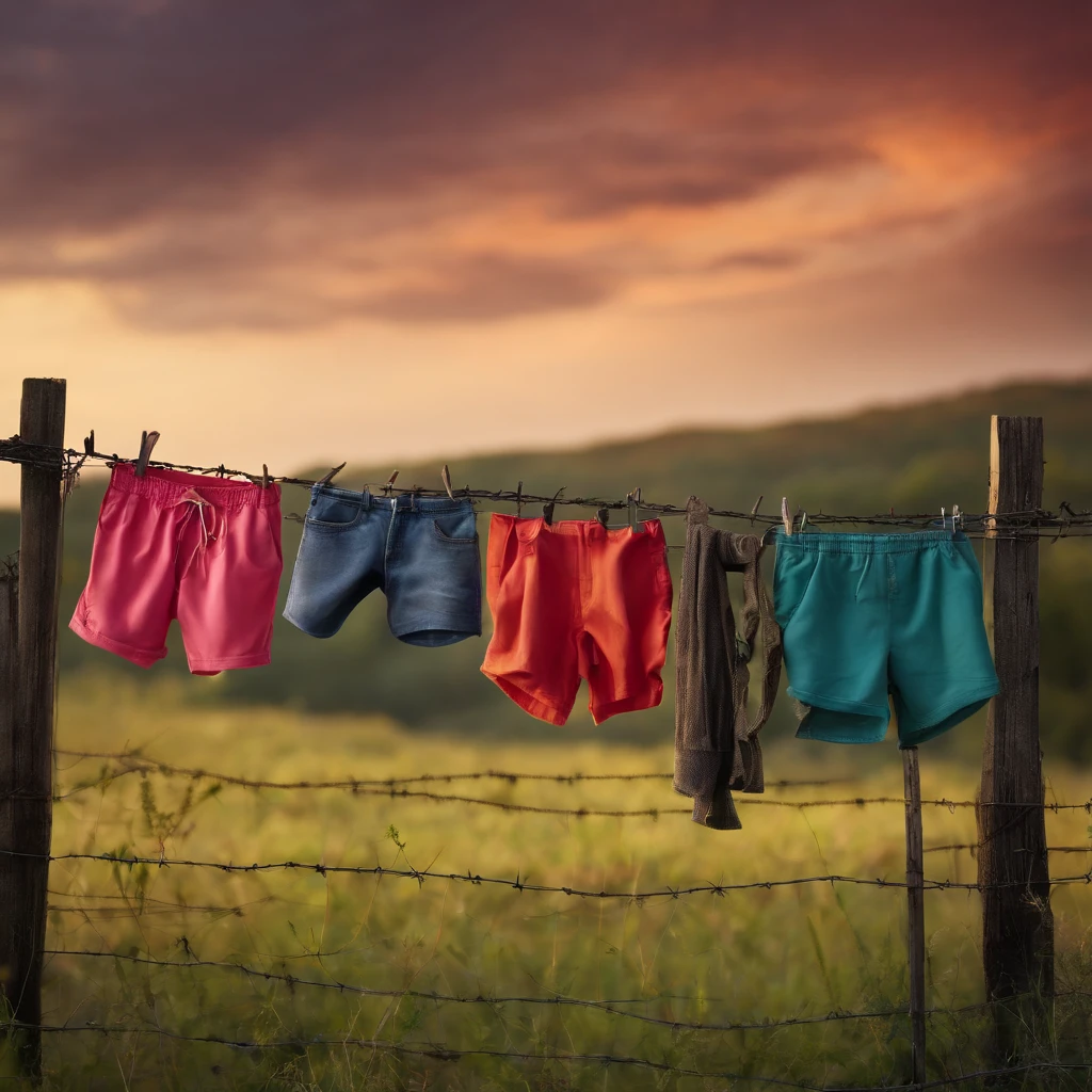 shorts hanging on a barbed wire fence
