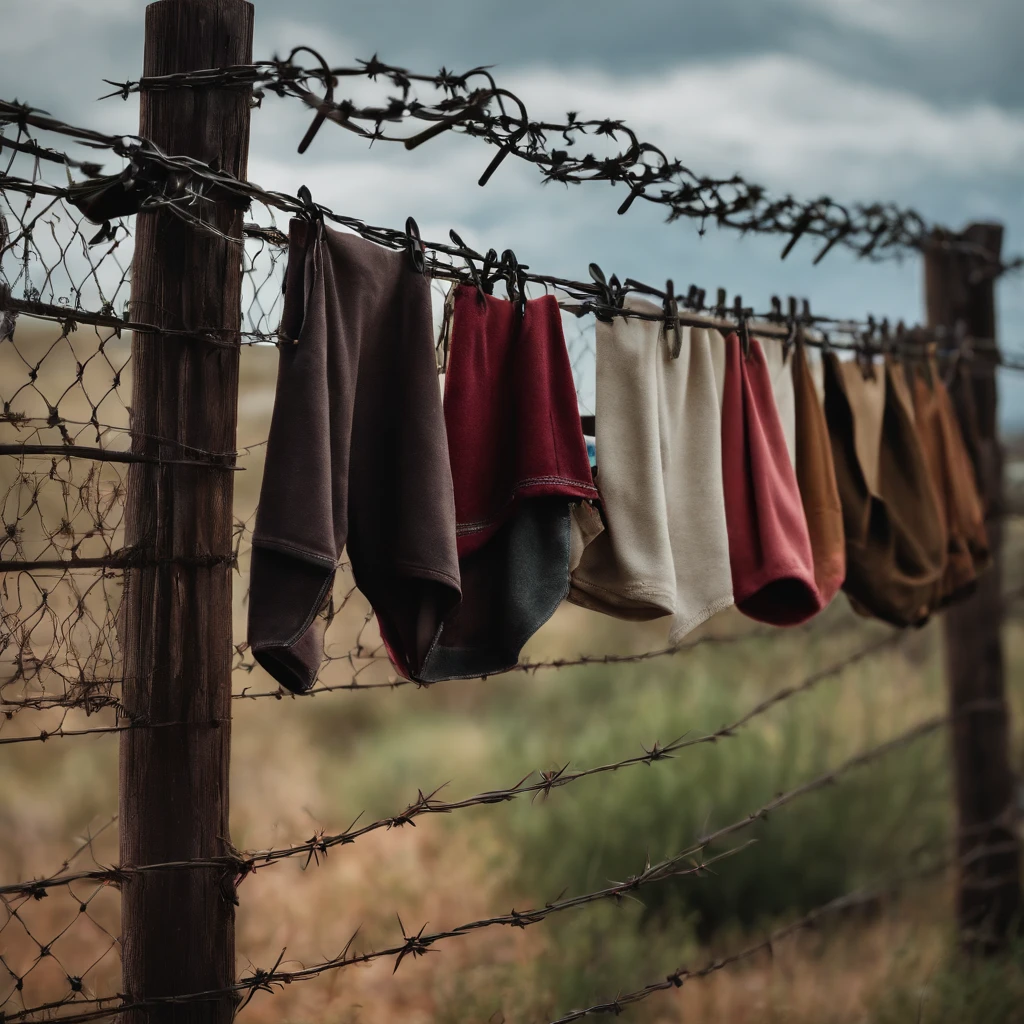 shorts hanging on a barbed wire fence
