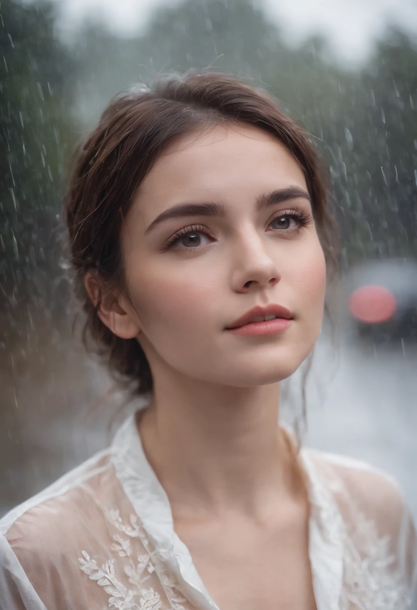 A beautiful girl wearing white transparent shirt in rainy day,