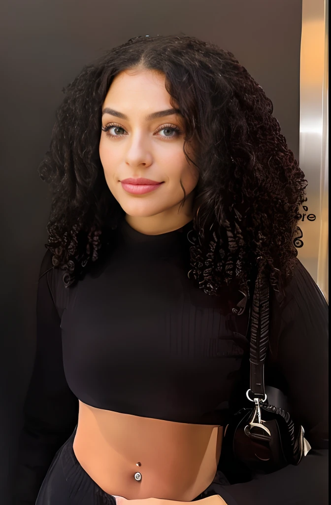 An urban adult female with a messy layered bob of long and curly brown hair, warm brown eyes reflecting compassion and kindness. Her self-assured demeanor and graceful figure exude elegance as she stands before an impressive urban white shirt and blue jeans, Clad in a sophisticated dark brown office frock and gladiator heels, she remains resolute in the face of an apocalyptic wind and weather. The photorealistic image captures her captivating presence amidst the chaos, and the sparkling eyes draw viewers into the compelling visual narrative of strength and determination , mixed race , smiling , looking away , 18 years old .