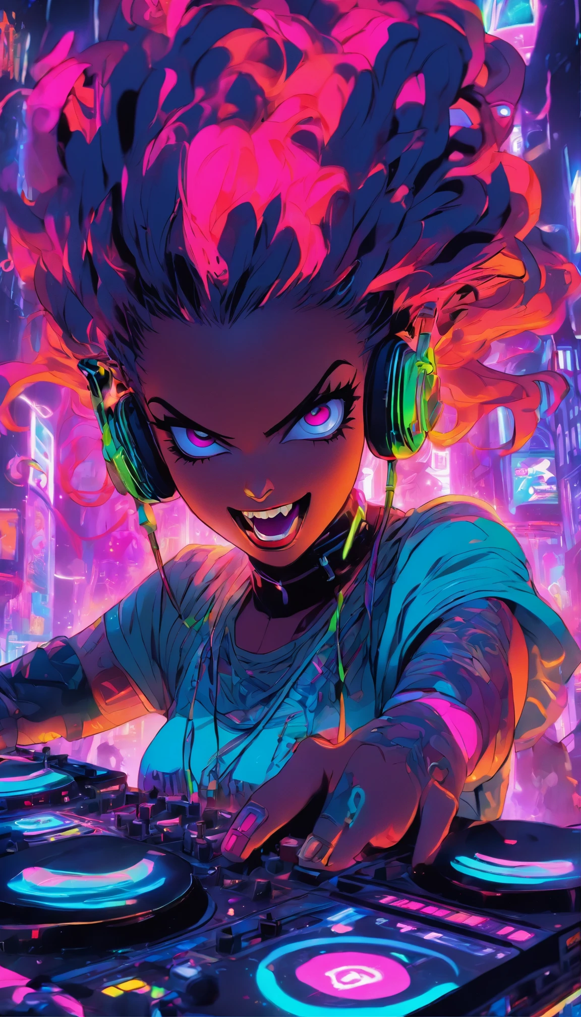 Colorful, hyper-realistic , cyberpunk, Psychedelic vampire female DJ plays dj instruments very crazy, looks intense, unlimited energy, full of passion, expression is so extraordinary, wearing vampire clothes integrated with modern cyberpunk dj costumes, complete with headphones and mic, tattooed cleavage, tattooed arms. DJ musical instruments are so sophisticated, neon cables everywhere, colorful neon cables add a futuristic impression that is so strong, psychedelic, neon wires, colorful, energy, sweat, crowd, epic futurism, crazy, explosive, high_res, very detailed