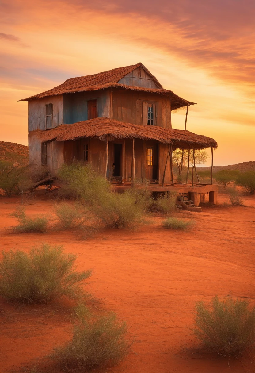Paisagem cartoon, pintura, Poor dirt house in a dry backcountry area with leafless trees with a sky background, caatinga, paisagem de caatinga, Serene scenery of the sertão of Ceará