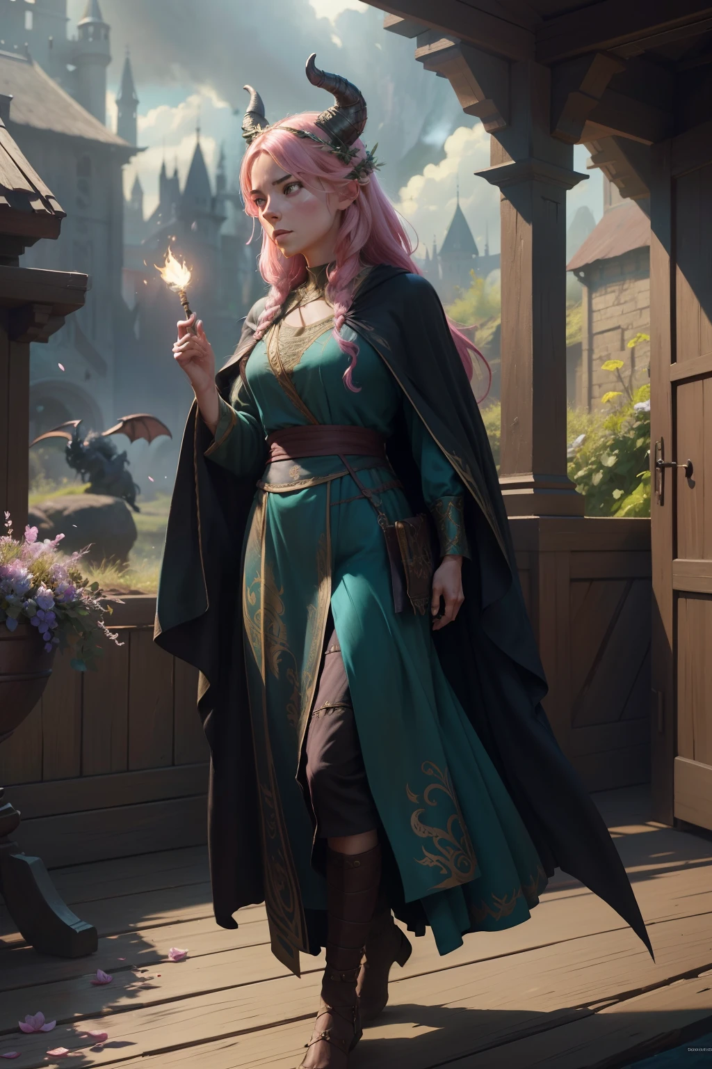 modelshoot style, (extremely detailed CG unity 8k wallpaper), full shot body photo of the most beautiful artwork in the world, english medieval pink (dragonborn druid) witch, black silk robe,  nature magic, medieval era, painting by Ed Blinkey, Atey Ghailan, Studio Ghibli, by Jeremy Mann, Greg Manchess, Antonio Moro, trending on ArtStation, trending on CGSociety, Intricate, High Detail, Sharp focus, dramatic, painting art by midjourney and greg rutkowski, teal and gold, petals, countryside, action pose, casting a spell, green swirling magic