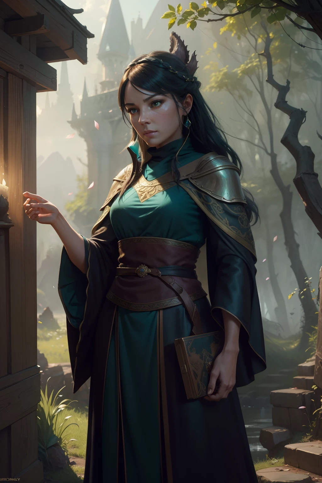 modelshoot style, (extremely detailed CG unity 8k wallpaper), full shot body photo of the most beautiful artwork in the world, english medieval pink (dragonborn druid) witch, black silk robe, nature magic, medieval era, painting by Ed Blinkey, Atey Ghailan, Studio Ghibli, by Jeremy Mann, Greg Manchess, Antonio Moro, trending on ArtStation, trending on CGSociety, Intricate, High Detail, Sharp focus, dramatic, painting art by midjourney and greg rutkowski, teal and gold, petals, countryside, action pose, casting a spell, green swirling magic
