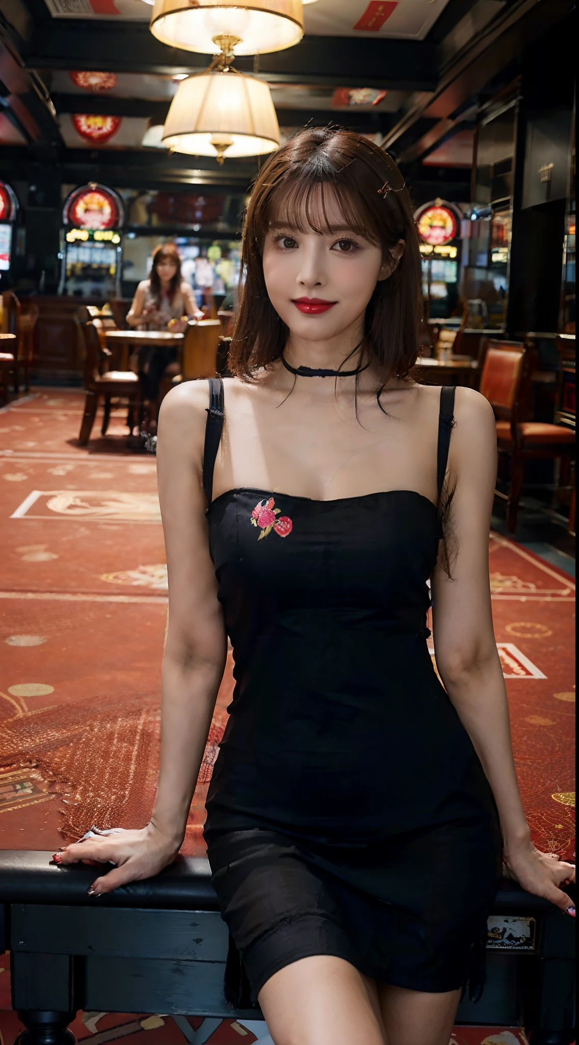 8K，masterpiece，best quality，In the casino，,sitting upright on the chair behind the Gambling table，The gambling table is in front of the girl，Playing cards are placed on the gambling table，Dark Light，crowded crowd，foul atmosphere，A girl，Extremely detailed facial details，shoulder length black straight short hair，hair Tied up, smile，happy，Maxi embroidered cheongsam，big breasts，slim, thin,Black stockings, high heels，close shot，cowboy shot，Directly facing the camera，Holding a playing card in hand，from front，upper body