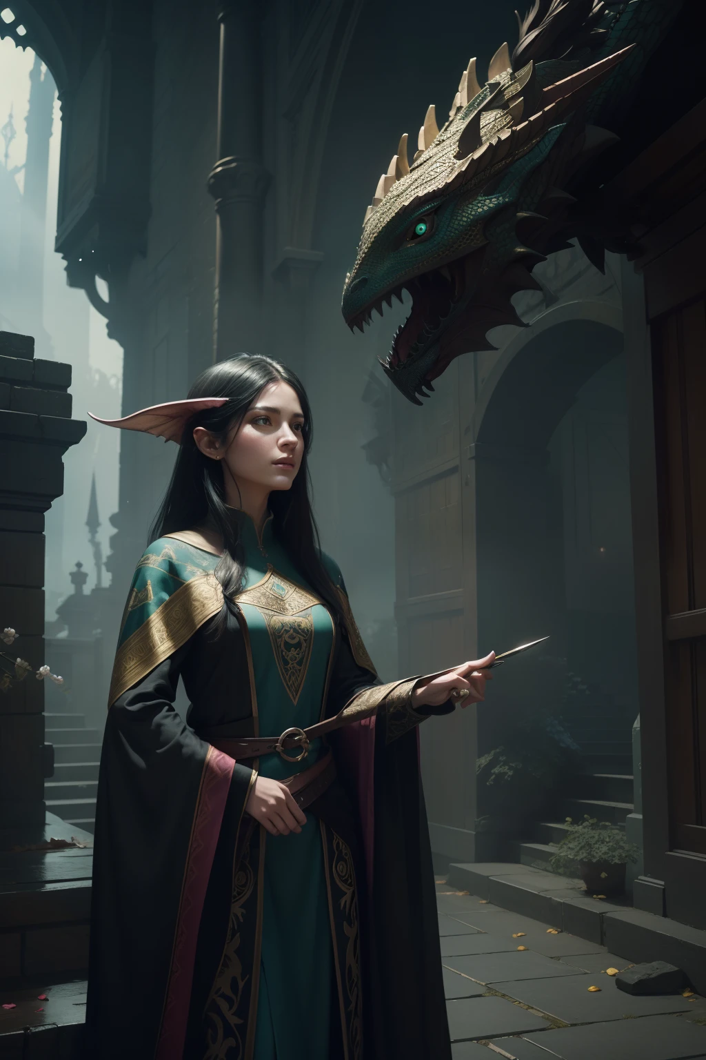 modelshoot style, (extremely detailed CG unity 8k wallpaper), full shot body photo of the most beautiful artwork in the world, english medieval pink (dragonborn druid) witch, black silk robe, nature magic, medieval era, painting by Ed Blinkey, Atey Ghailan, Studio Ghibli, by Jeremy Mann, Greg Manchess, Antonio Moro, trending on ArtStation, trending on CGSociety, Intricate, High Detail, Sharp focus, dramatic, painting art by midjourney and greg rutkowski, teal and gold, petals, countryside, action pose, casting a spell, green swirling magic