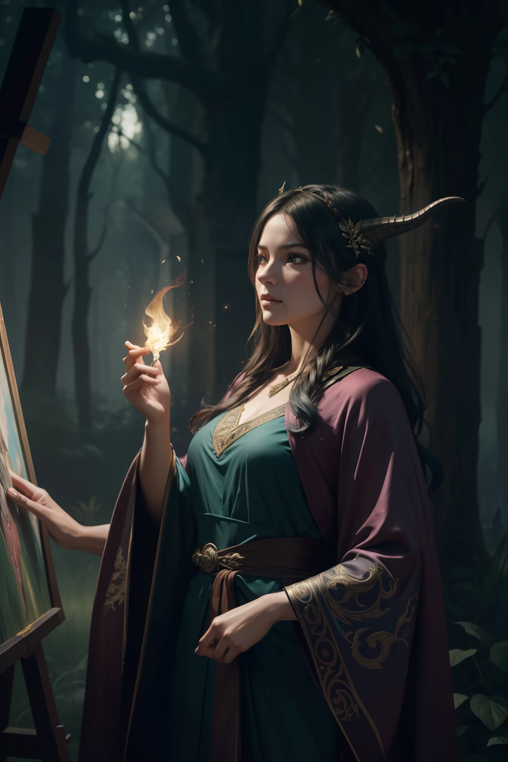 A voluptuous tanned brunette elf woman, wearing a luxurious black dress with jade details, long hair that reaches the floor and very long elf ears, from his eyes burst forth incandescent flames,  gold-plated body painting that covers your back and arms, your nails are gold colored, is writing a letter in his office. Image Image 1920x1080.  2D graphic design