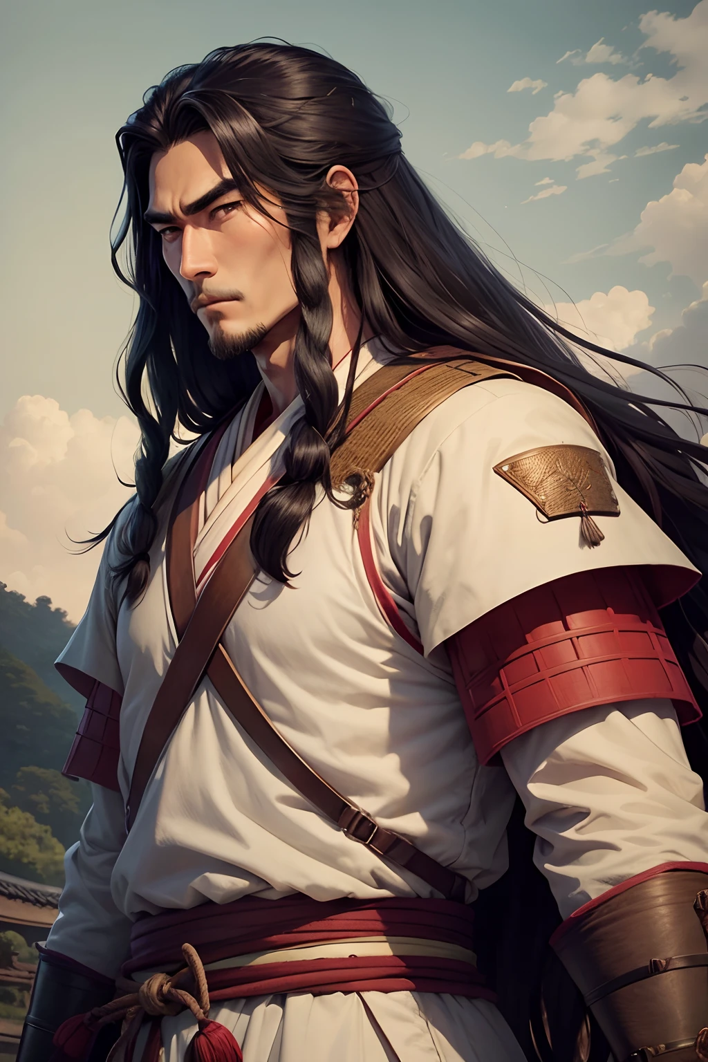 feudal japanese male farmer, tall and broad man, with long face a a dark mane-like hair