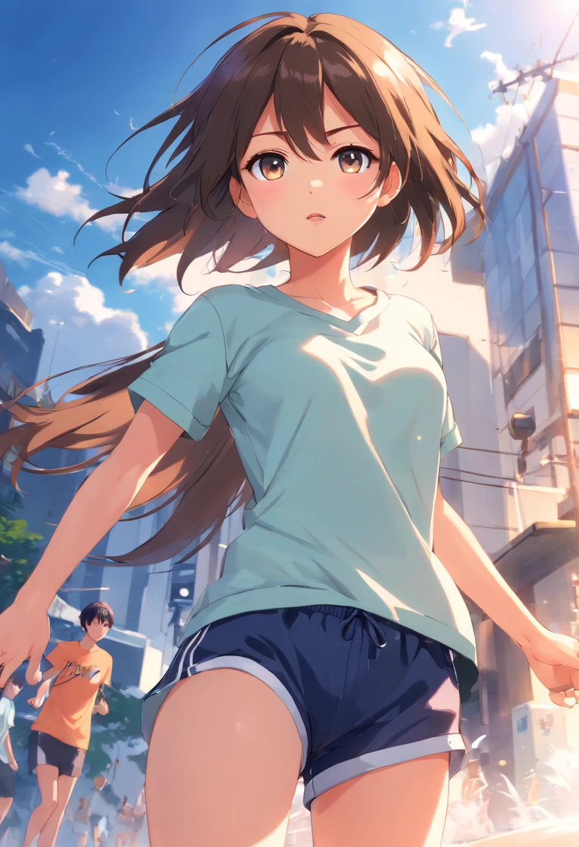 ((master part, Melhor_qualidade)), (fotorrealista:1.4), sozinho, 1 girl, Branco_Background Story, preto_Hair, curto_Hair, Zettai_Ryouiki, camiseta folgada de manga comprida, (Nipple contour can be seen through the clothes), areola bulge, Chuck Taylor, Fenda da virilha, running shorts, virilha mal vista, camelo ,s
