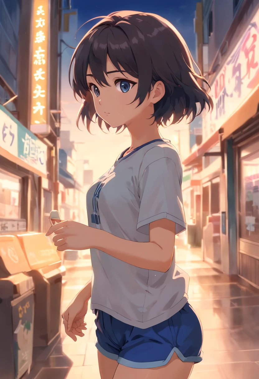 ((master part, Melhor_qualidade)), (fotorrealista:1.4), sozinho, 1 girl, Branco_Background Story, preto_Hair, curto_Hair, Zettai_Ryouiki, camiseta folgada de manga comprida, (Nipple contour can be seen through the clothes), areola bulge, Chuck Taylor, Fenda da virilha, running shorts, virilha mal vista, camelo ,s
