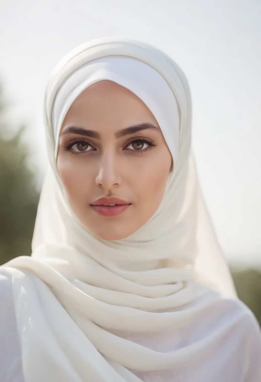 A beautiful girl wearing white hijab in sunny day,