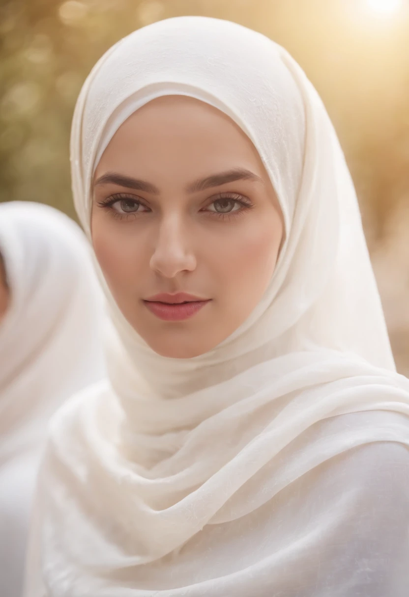 A beautiful girl wearing white hijab in sunny day,