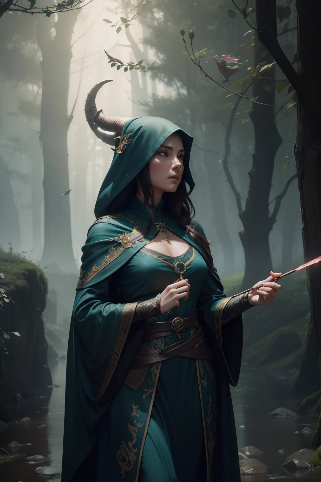 modelshoot style, (extremely detailed CG unity 8k wallpaper), full shot body photo of the most beautiful artwork in the world, english medieval pink (dragonborn druid) witch, black silk robe, nature magic, medieval era, painting by Ed Blinkey, Atey Ghailan, Studio Ghibli, by Jeremy Mann, Greg Manchess, Antonio Moro, trending on ArtStation, trending on CGSociety, Intricate, High Detail, Sharp focus, dramatic, painting art by midjourney and greg rutkowski, teal and gold, petals, countryside, action pose, casting a spell, green swirling magic