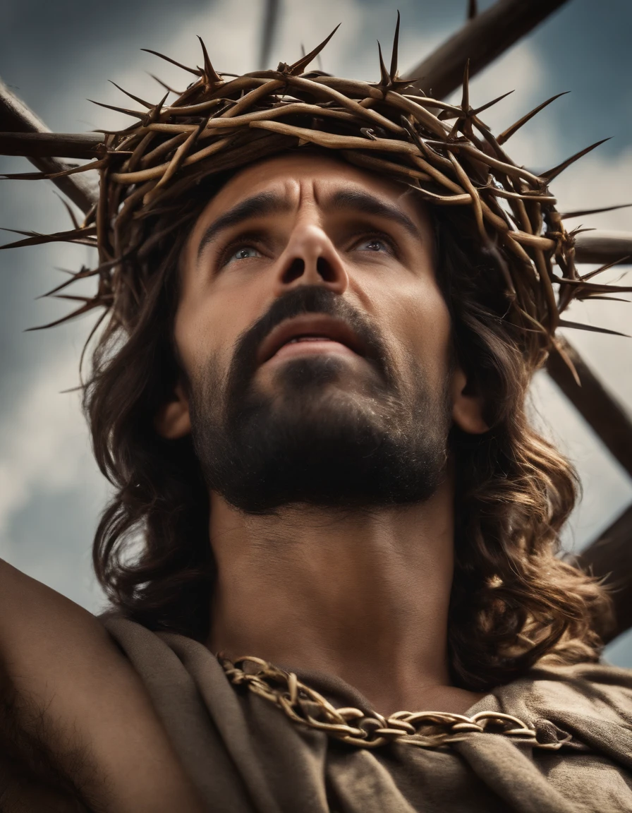 A photorealistic photo capturing Jesus on the cross, with a bird's-eye view looking straight down at Him. ((Crown of thorns on head)). The focus of the image is on Jesus' face as He gazes up at the heavens, gasping for air in the midst of His crucifixion. The scene is set outdoors, with a clear sky in the background. The lighting should be dramatic, emphasizing the emotional intensity of the moment, with rays of sunlight breaking through the clouds to create a sense of divine presence.