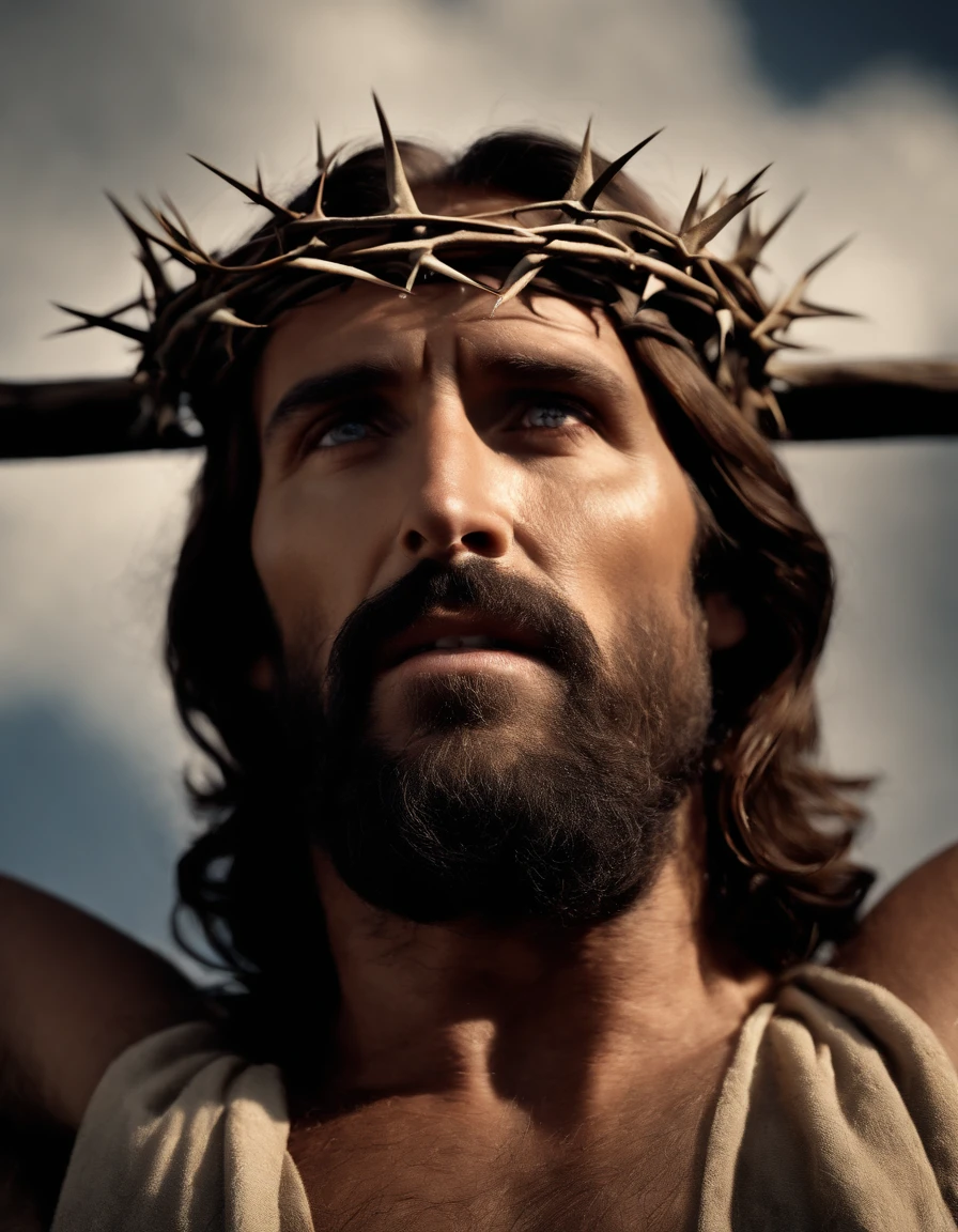 A photorealistic photo capturing Jesus on the cross, with a panoramic view looking straight ahead . ((crown of thorns on the head)). The focus of the image is on the face of Jesus as He looks straight ahead, Gasping for air in the midst of His crucifixion. The scene takes place outdoors, with a clear sky in the background. Lighting should be dramatic, emphasizing the emotional intensity of the moment, with rays of sunshine breaking through the clouds to create a sense of divine presence.
