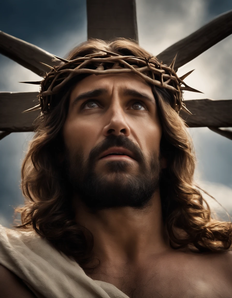 A photorealistic photo capturing Jesus on the cross, with a panoramic view looking straight ahead . ((crown of thorns on the head)). The focus of the image is on the face of Jesus as He looks straight ahead, Gasping for air in the midst of His crucifixion. The scene takes place outdoors, with a clear sky in the background. Lighting should be dramatic, emphasizing the emotional intensity of the moment, with rays of sunshine breaking through the clouds to create a sense of divine presence.