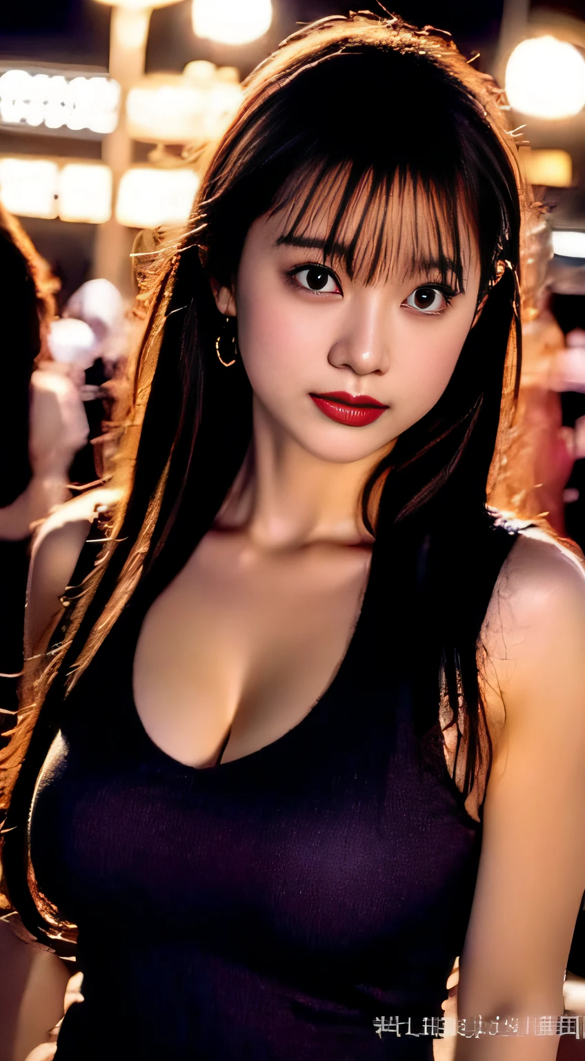 top-quality。８K-Picture。Ultra-high pixel。The background is the city at night。girl with。hair is long and slightly wavy,,,,,,,,,,,,,,,,,,,,,,,,,,,,,,,,,,,,,,,,,,,,,,,,,,,,,,,,,,,,,,,,,,,,,,,,,,,,,,,,,,,,,。The color is dark brown。Glamour style、((huge-breasted：1.8))。wearing red dress、Photos dancing brilliantly。Delicate finish overall。The body line is gorgeous。legs are long、Wear red high heels。((Hair shines like a reflection of the street。The eyeball reflects the surrounding landscape。The skin is wet with night dew))。Almost perfect woman。((time々In close-up of the upper body))。The second highlighted part々I want you to express it in close-ups。