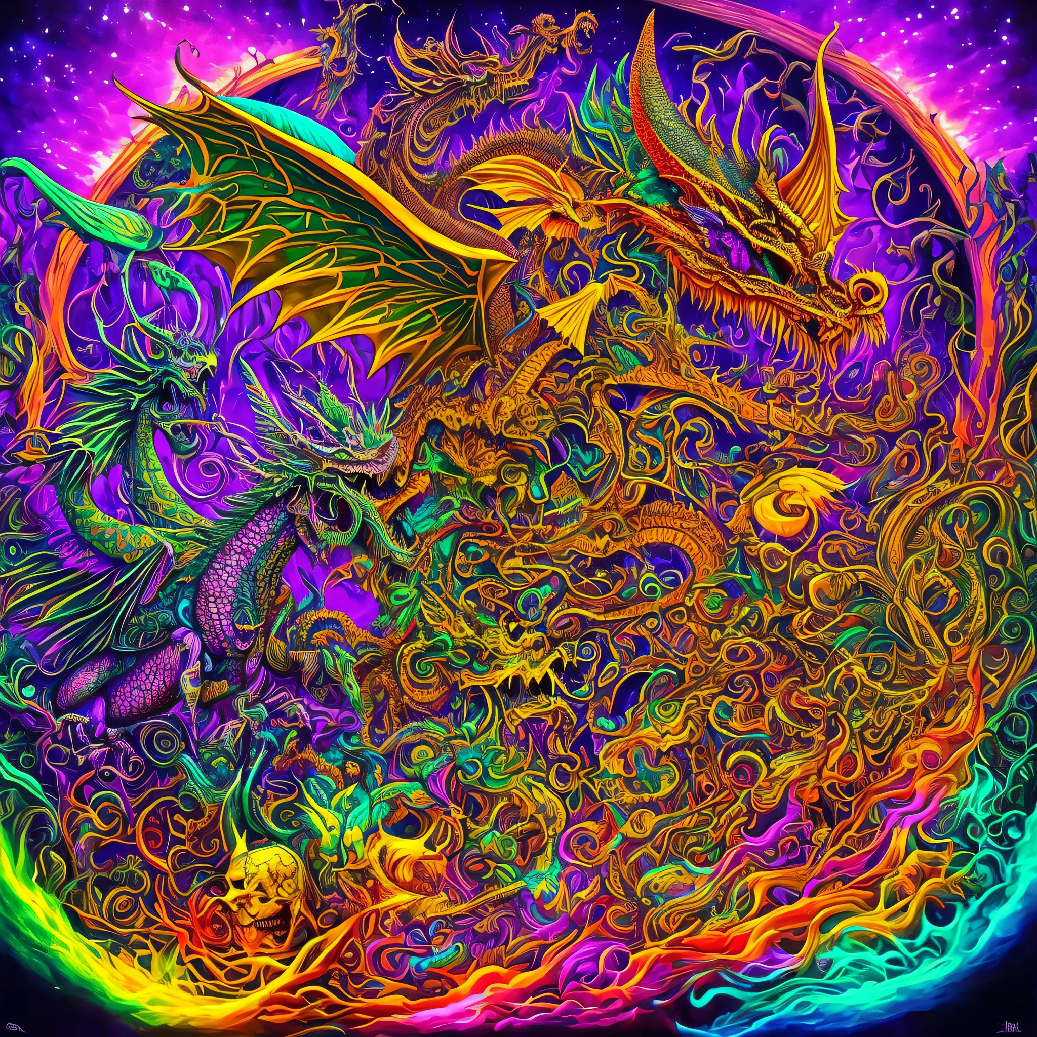 Psychedelic poster of a dragon and a skull, design hiperbesta, psychedelic cosmic horror, shamanic DMT horror art, psychedelic organic cyborg, arte psytrance, DMT cores, psychedelic laughing dragon, psychedelic dmt, psychedelic trip, psychedelic illustration, muito trepidante e abstrato, shamanic horror ??? art, DMT Arte