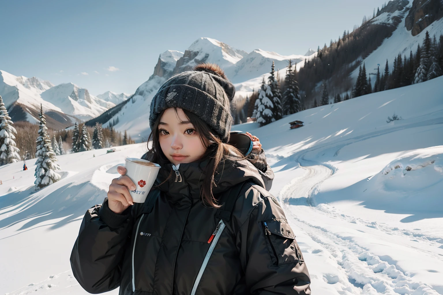 A girl drinking coffee at a sky resort, dressed with winter clothes, snow mountain, people with snowboards, bright day of winter. Highly detailed. Photorealistic.