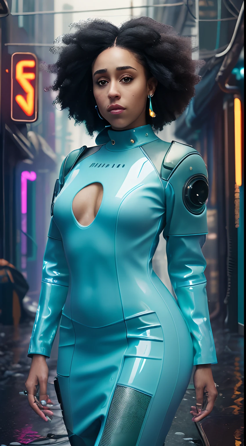 (8k, ARTISTIC photography, best quality, masterpiece: 1.2) (((Doja Cat))) film still of a photorealistic beautiful afro-american woman, ( in wet cyberpunk alley wearing a futuristic light blue latex dress:1.5), cute face, ebony (edgerunner, geisha):1.25, staring at the camera in front, Blonde hair,((dynamic pose))) over-detailed face,, beautiful body, toned body, latex fetish, 8k uhd, SLR camera, soft lighting, high quality, film grain, Arri Alexa mini , , Cinematic lighting, octane render, Bar lighting, complex, 8k resolution concept art portrait , edgerunner, blade runner, Cyberpunk 2077, fractal isometrics details bioluminescence, hyperrealistic, photo awesome, gritty, realistic, (((pure 8K))), (((perfect anatomy))), extremely high-quality graphics, Riddley Scott, Blade Runner, Denis Villeneuve, Cyberpunk 2077 (((cinematic lighting))), ((clear details)), complex, highly detailed background,