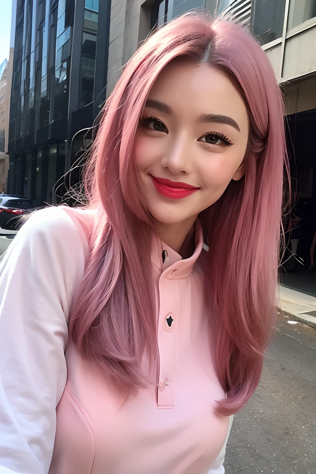 (extra detailed body、extra detailed face、best qualtiy:1.2)、femele、looking at the viewers、(A pink-haired、Thunderbird worldview、Mobilesuit、a smile、Bright red lipstick)、(Pink distorted oddly shaped building on background)
