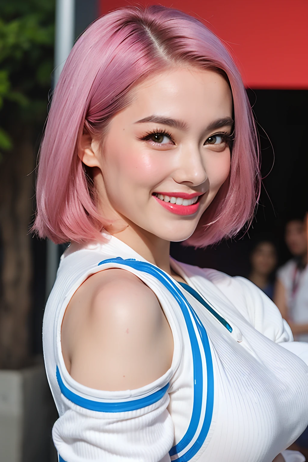 Masterpiece, Beautiful, Indonesian Baby Face, 20 Years Old, red lipstick, sensual Lipstick, Sensational Make up, make up artist, Colossal Chest, White Skin, Pose, Cleavage, White Maid Outfit, Blue Eye, Muscles:1.3, Outdoor, Bokeh:1.3, pink Hair, Adorable, Smiling