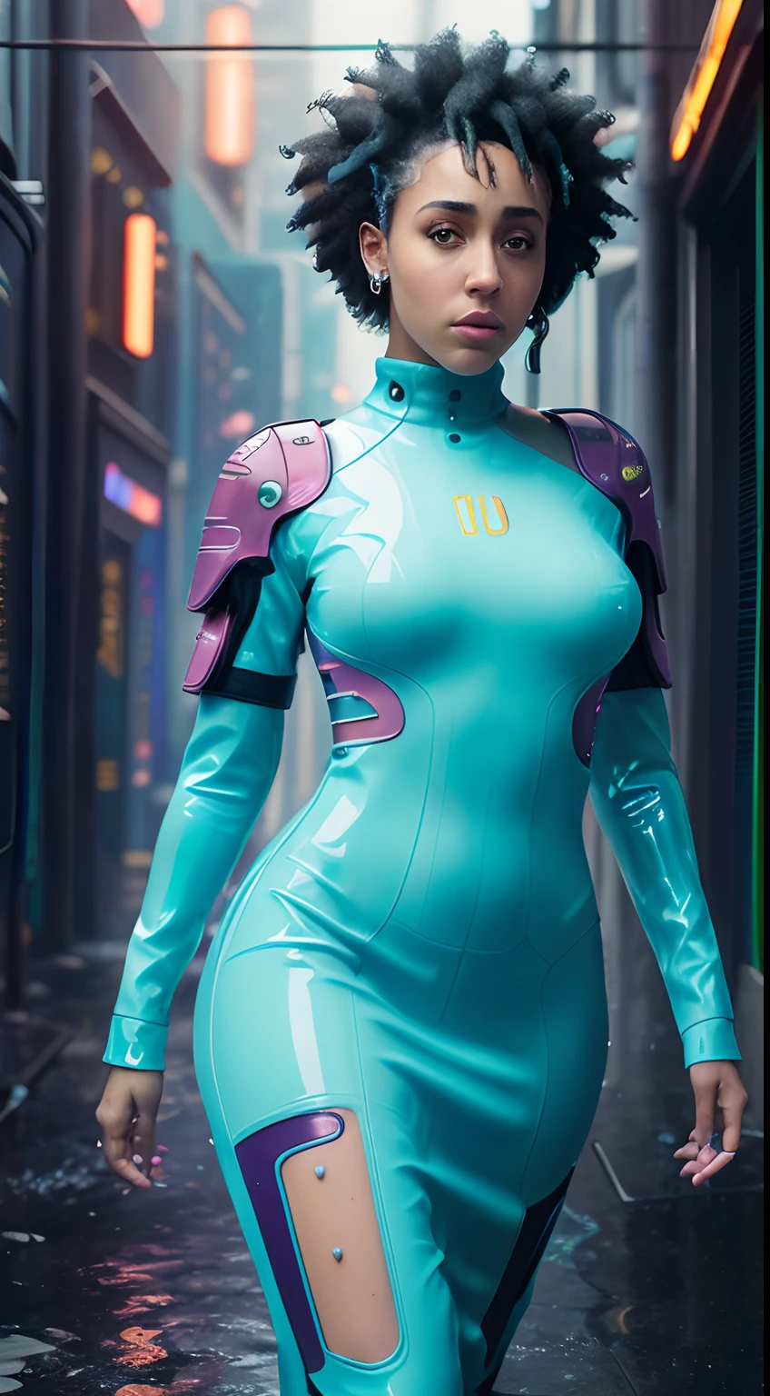 (8k, ARTISTIC photography, best quality, masterpiece: 1.2) (((Doja Cat))) film still of a photorealistic beautiful afro-american woman, ( in wet cyberpunk alley wearing a futuristic light blue latex dress:1.5), cute face, ebony (edgerunner, geisha):1.25, staring at the camera in front, Blonde hair,((dynamic pose))) over-detailed face,, beautiful body, toned body, latex fetish, 8k uhd, SLR camera, soft lighting, high quality, film grain, Arri Alexa mini , , Cinematic lighting, octane render, Bar lighting, complex, 8k resolution concept art portrait , edgerunner, blade runner, Cyberpunk 2077, fractal isometrics details bioluminescence, hyperrealistic, photo awesome, gritty, realistic, (((pure 8K))), (((perfect anatomy))), extremely high-quality graphics, Riddley Scott, Blade Runner, Denis Villeneuve, Cyberpunk 2077 (((cinematic lighting))), ((clear details)), complex, highly detailed background,